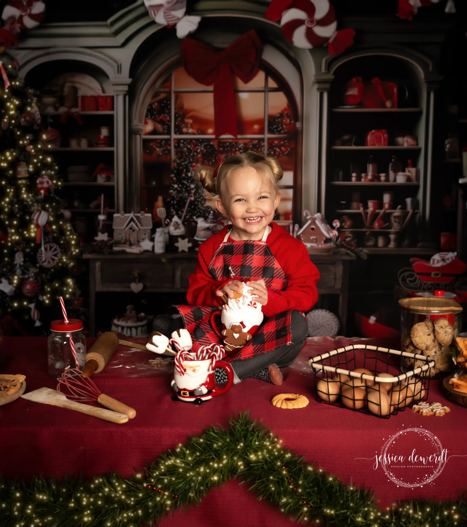 Jeune enfant préparant des douceurs dans un décor de Noël